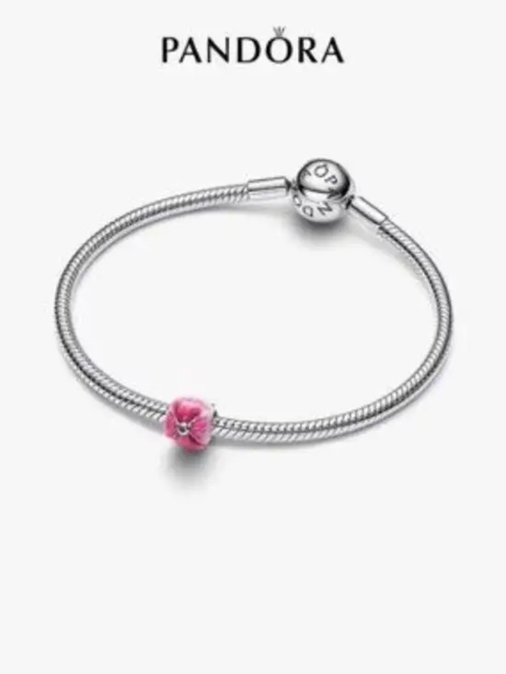 Pandora Pink Tulip Charm Sterling Silver Snake Bracelet